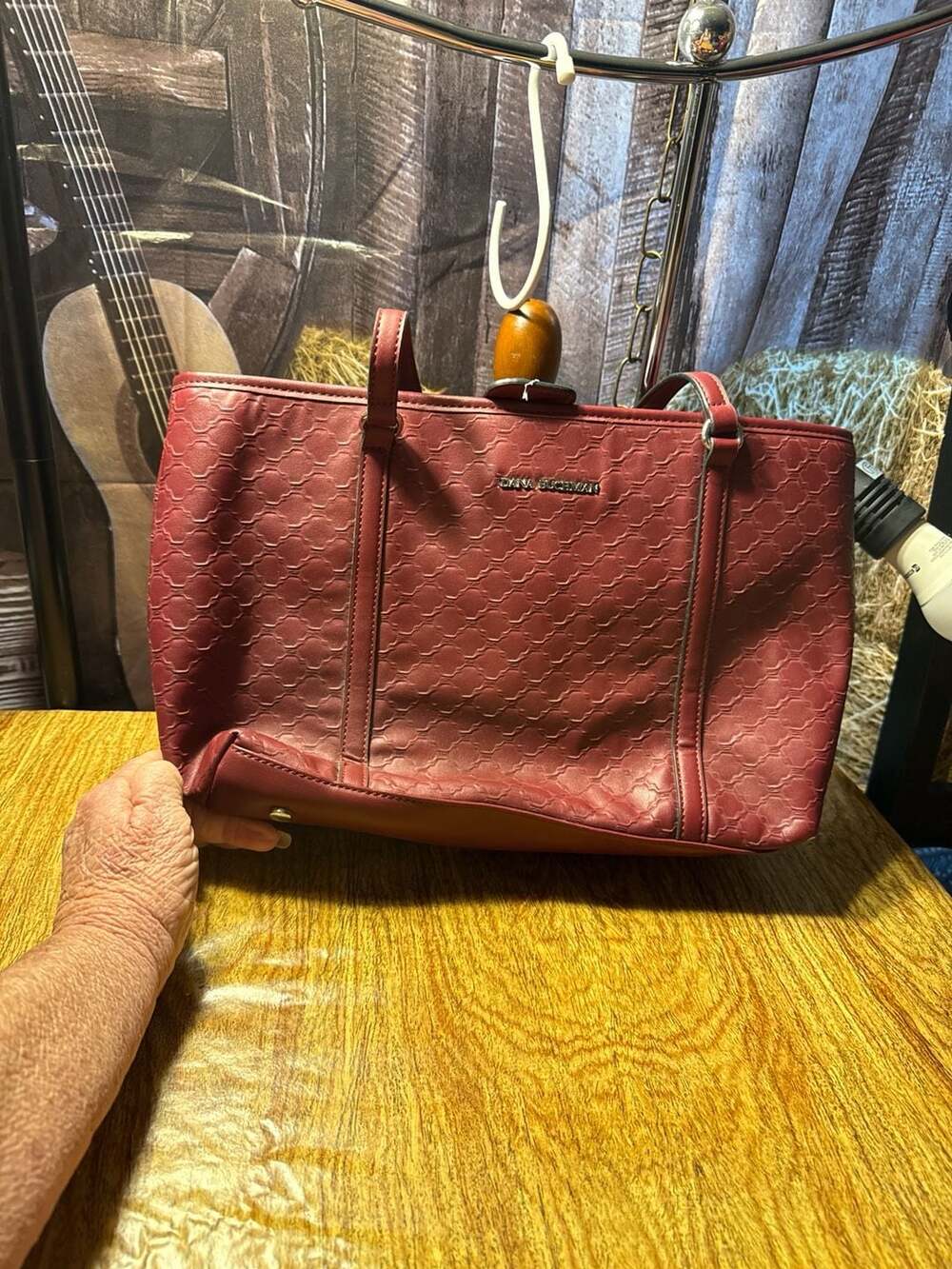 Dana Buchman Burgundy Embossed Geometric Tote Bag